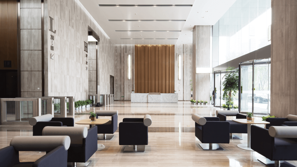 Commercial building lobby with ceiling ventilation