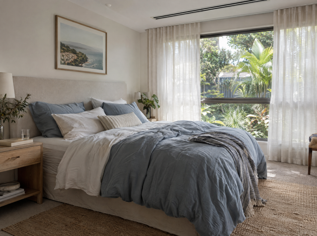 Bedroom with blue linen and a discreet linear ceiling diffuser