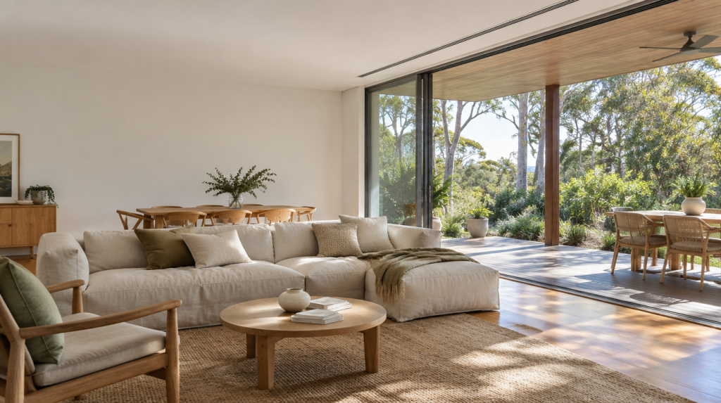 Bright living and dining space with discreet ceiling air conditioning