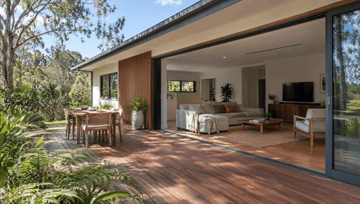 Contemporary home with a shaded timber deck and native garden