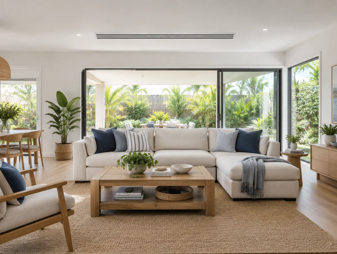 Illustrative living room with blue accents and a discreet ducted ceiling outlet