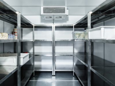 refrigerator-chamber-with-steel-shelves-restaurant-close-up